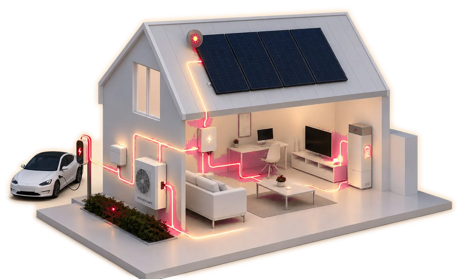 3D-Ansicht eines Hauses mit Photovoltaik, Stromspeicher, Wärmepumpe und Wallbox – Energieflüsse im Haus