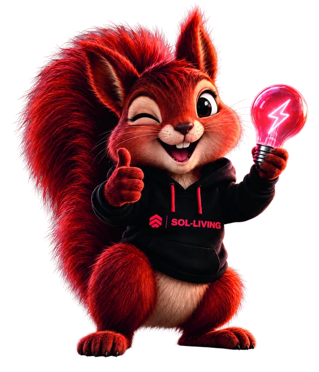 Solly, das SOL-LIVING-Maskottchen, mit Glühbirne